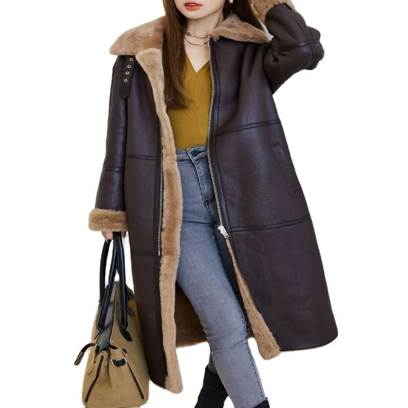 Fleece warm luxury Sheep fur parka patchwork fur coat motorcycle jacket genuine women leather coat leather crop with fur