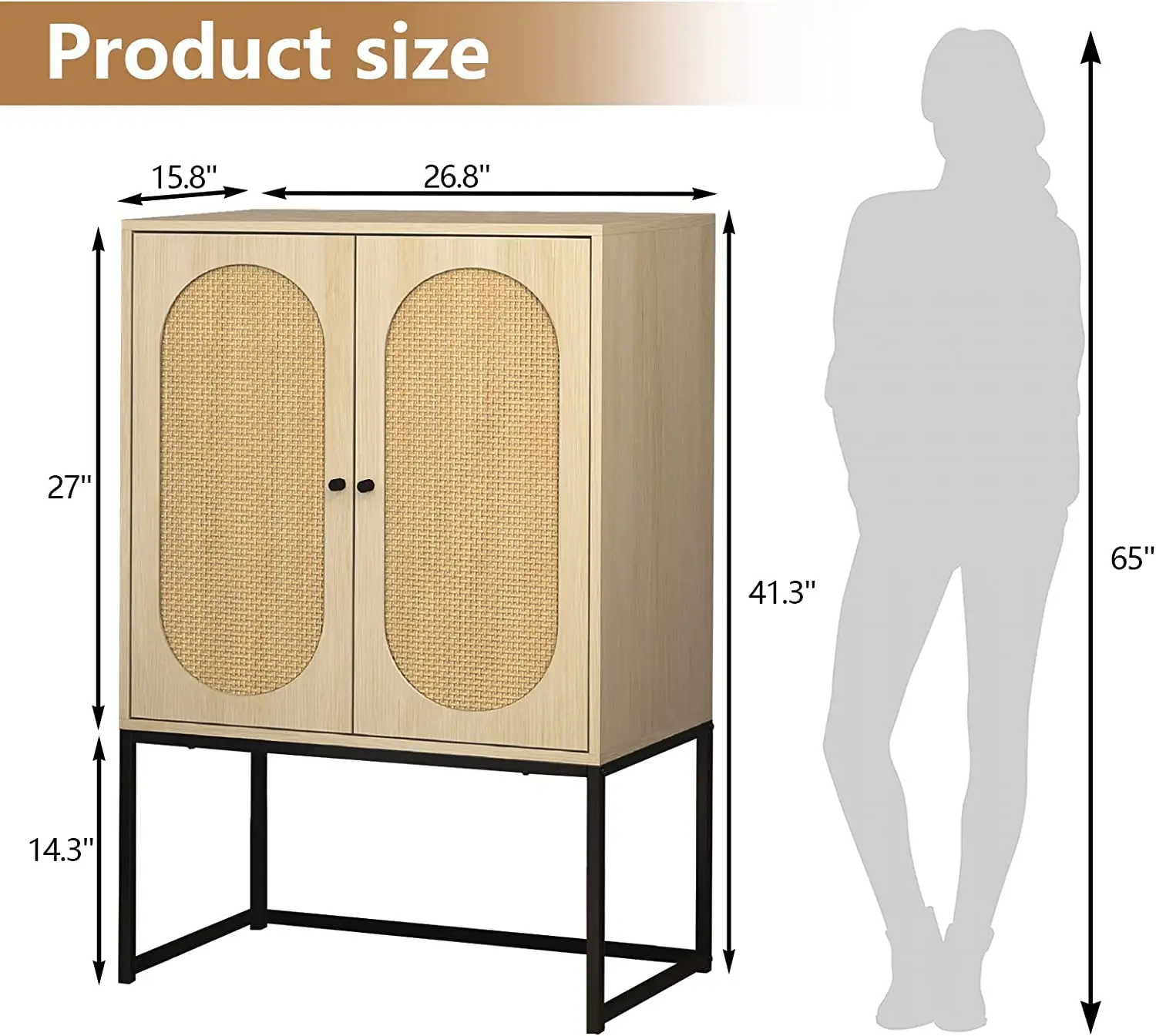 Sideboard Buffet Cabinet, Kitchen Storage Cabinet with Rattan Decorated Doors, for Dining Room, Hallway, Cup