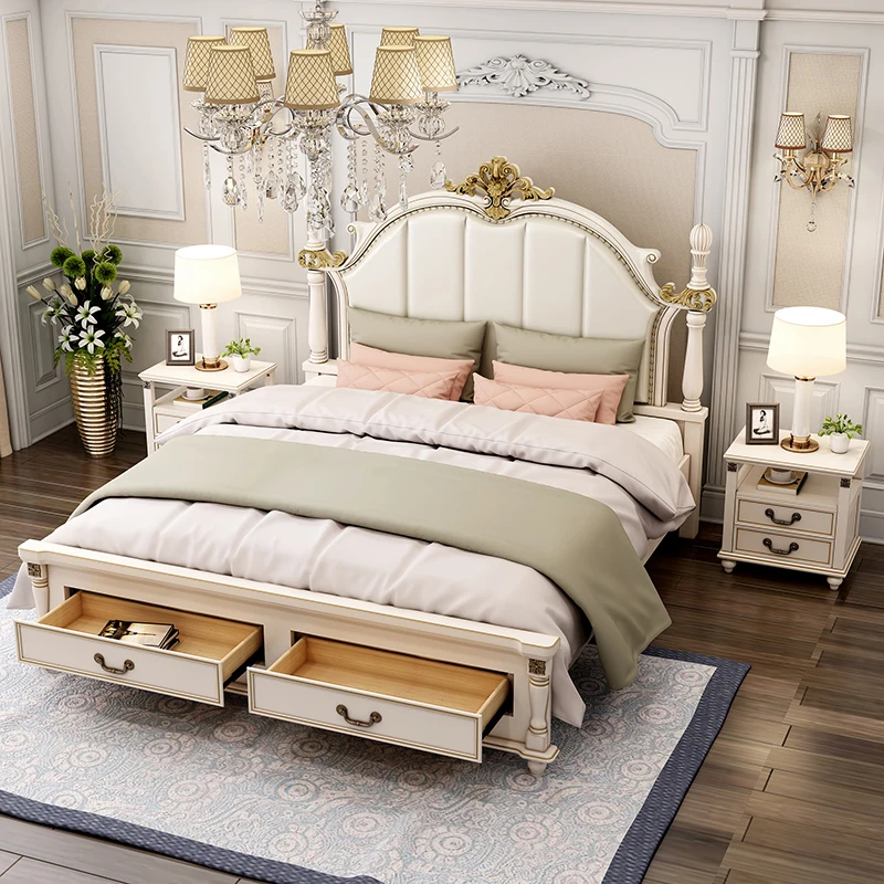 American Style Light Luxury Double Bed Master Bedroom European Style 1.5 M Storage Queen Bed Solid Wood Furniture