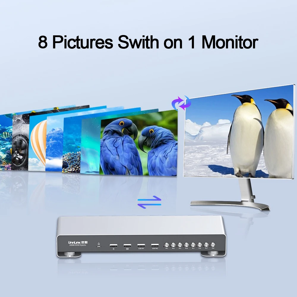 4K@60Hz HDMI KVM Switch 8 Port with Hot Key Extended Controller Sharing 4 USB Ports Switcher Factory OEM ODM Hot Sale