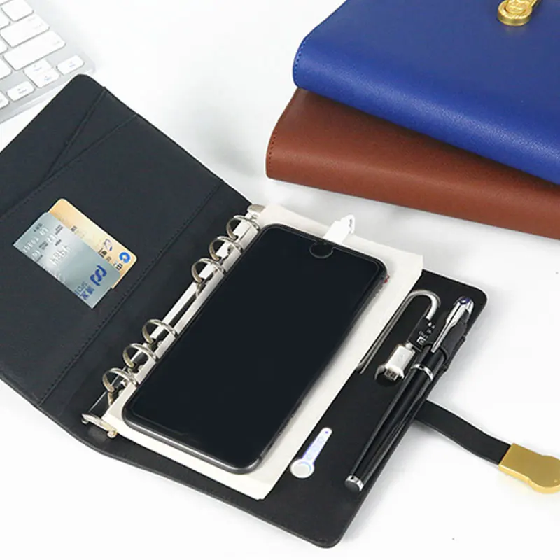 gift creative leather a5 a6 size custom power bank charger notebook and pen set with powerbank usb flash drive yellow pages