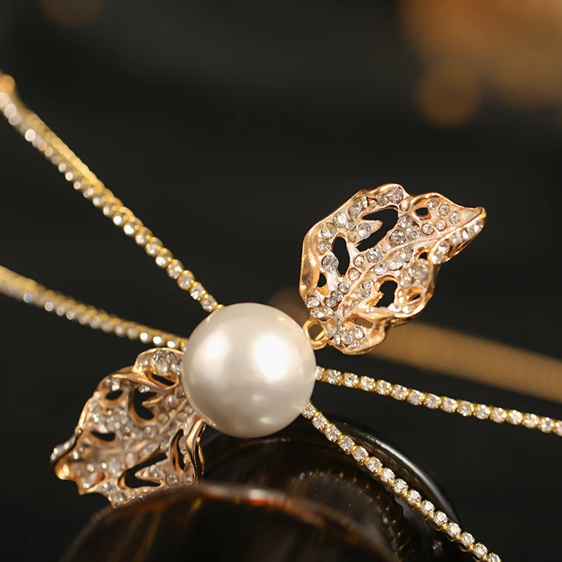 Rhinestone Bridal Headdress Jewelry Full Diamond Big Pearl Leaves Shape Headband with Earrings Sets Bridal Wedding Hairband