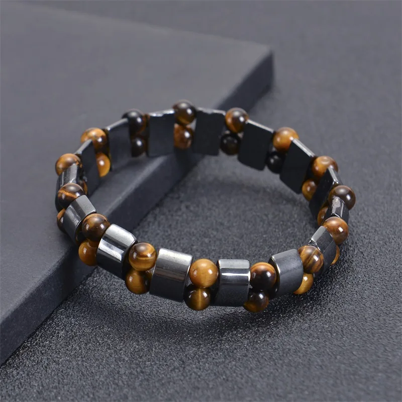 Premium Natural Black Matte Hematite Stone Tiger Eyes Beaded Stretch Cuban Wrap Bracelets Magnetic Healing Jewelry For Mens