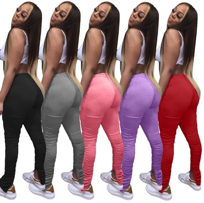 
stacked pants with pockets drape 5 colors ladies Solid color stacked leggings women sweatpants with ruched split stacks pant 