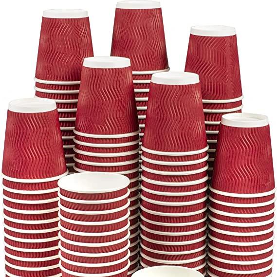 Ripple paper cup waterproof Double Wall Cup Kraft Paper Cup for Hot Coffee with Plastic Cover Customization Printing 8oz