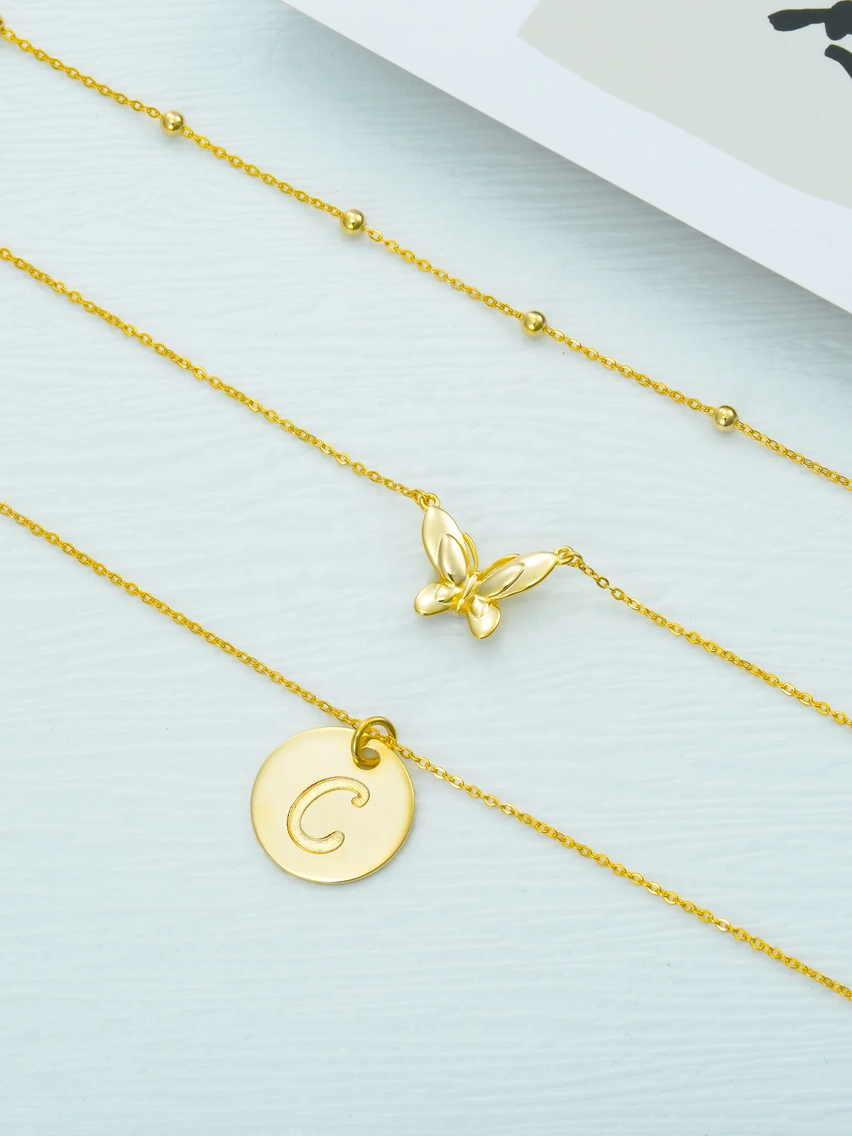 Round Alphabet Pendant 3 Lines Butterfly Necklace Initial 925 Silver 14k Gold Plated Letters A-Z Charm Necklaces Jewelry