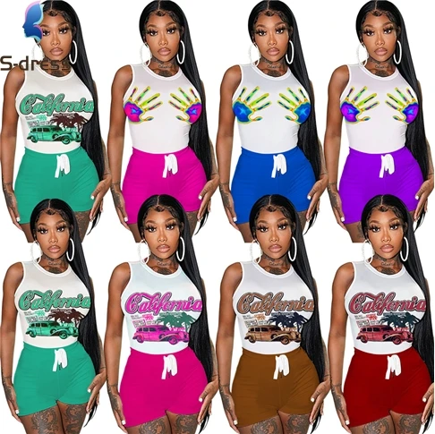 2022 New Arrivals Fashion Print Jogger Sets Crop Top Outfits Women Clothing Two Piece Short Set