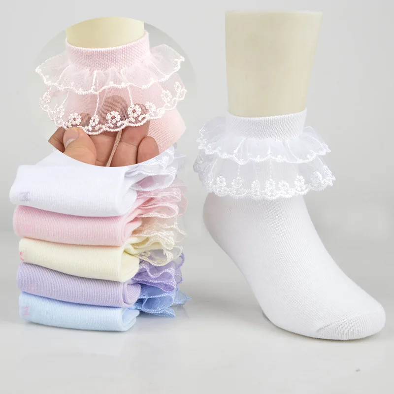 wholesale children cute double lace kids socks 100% cotton school teen socks crew white girls sock