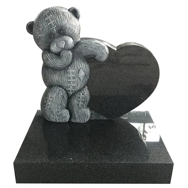 Custom Antique Carved Baby Child Jet Black Granite Tombstones Headstones Memorial Stone with Single Bear Heart