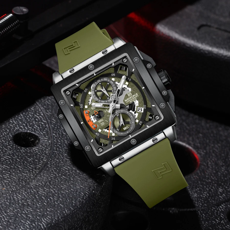 8064 серебристо-зеленые часы NAVIFORCE квадратные модные спортивные оригинальные наручные с хронографом и светящимися руками