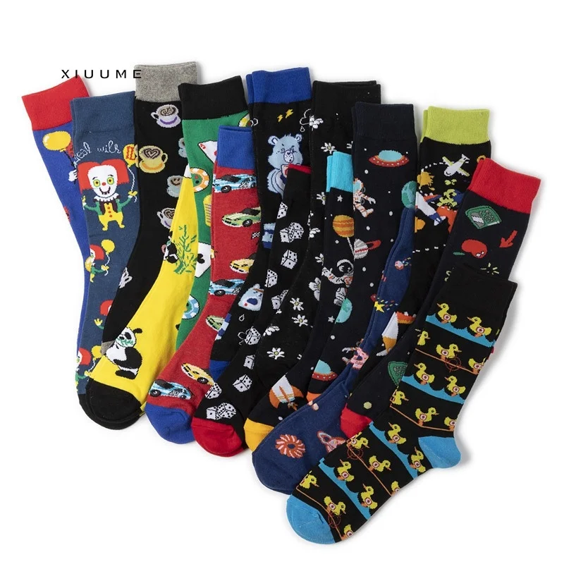 
Wholesale manufacture fashion cartoon designs cotton colorful tube happy socks men 