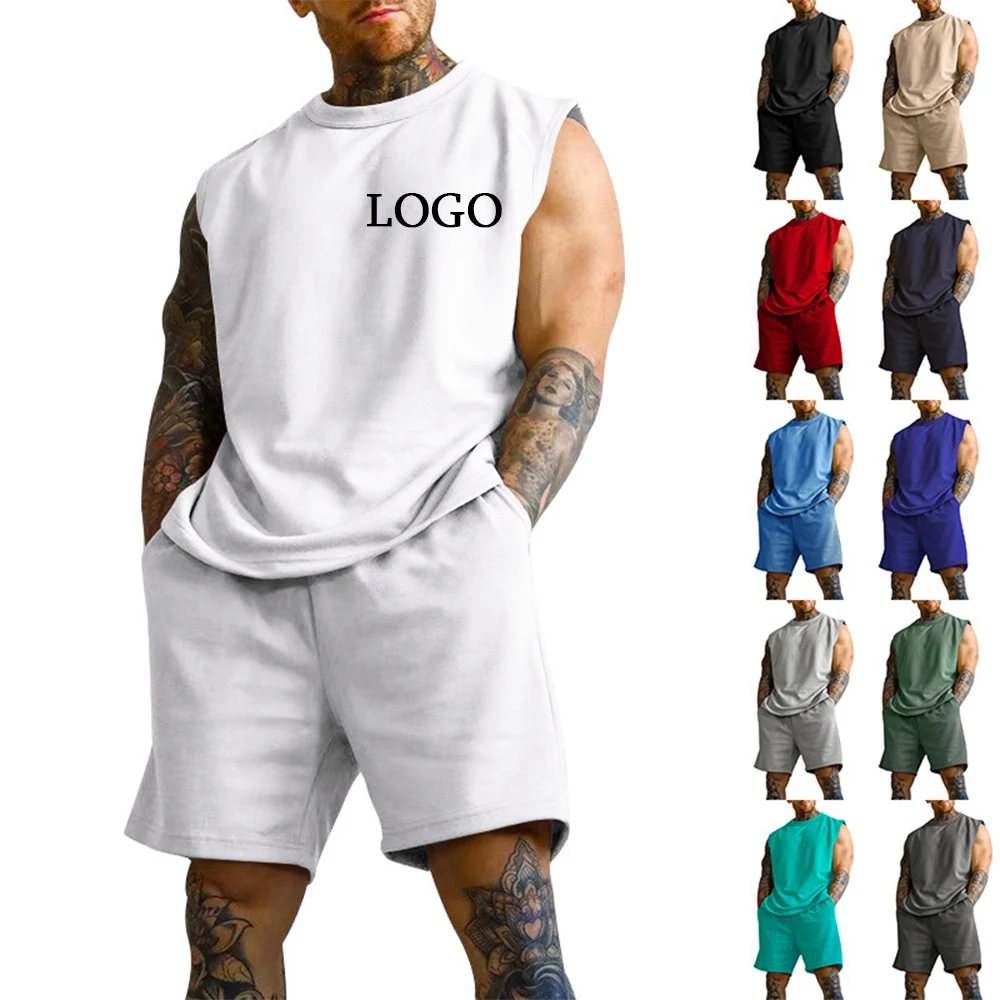 Solid Plus Size 3XL Hot Custom Logo Knitted Vest Shorts Two Piece Tracksuit Mens Sleeveless Summer Sweatshirts Set