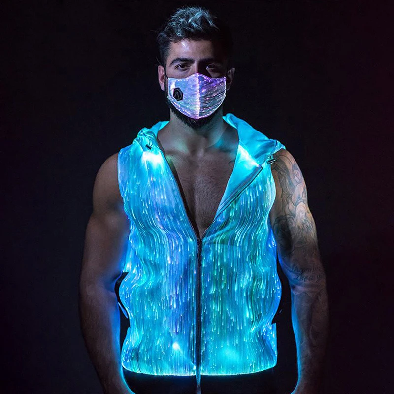 Sleeveless Hood Led Light Jacket Night Outdoor Sports Optical Fiber Luminous Flashing Glowing Jacket With Chasing Led Light