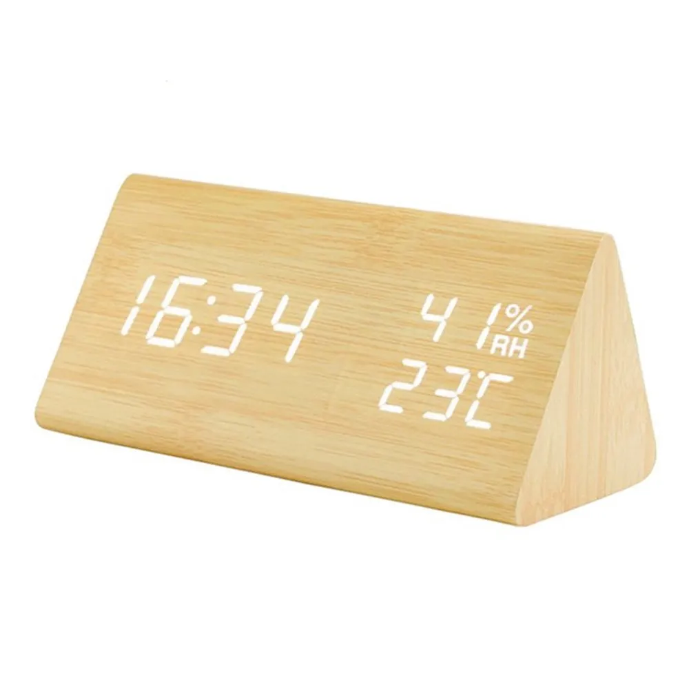 Digital Alarm Clock, with Wooden Electronic LED Time Display, 3 Alarm Settings with Thermometer and Hygrometer
