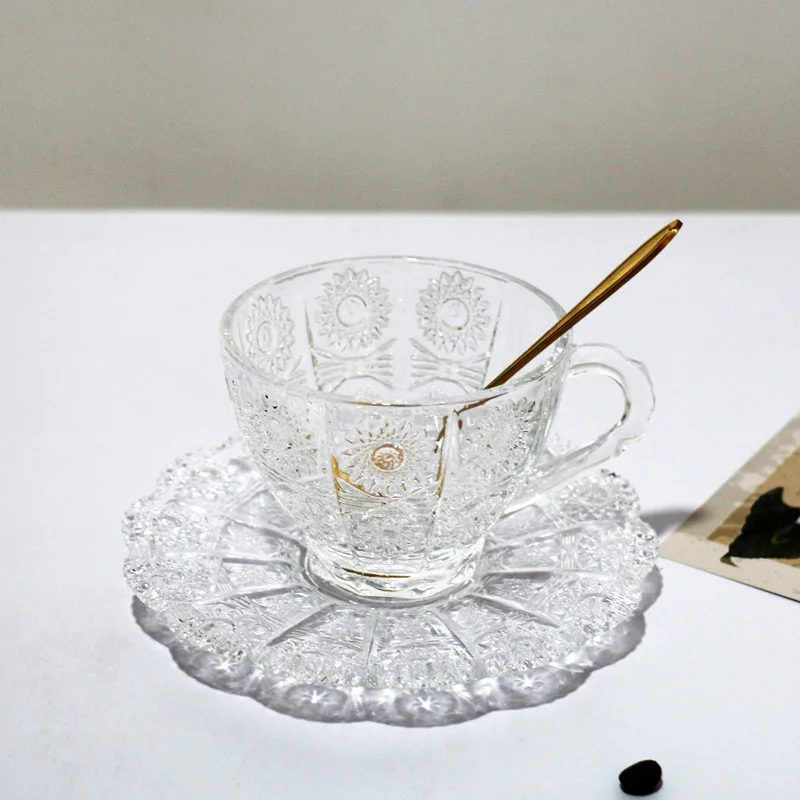 Wholesale European Retro Relief Sunflower Breakfast Cup Glass Coffee Cup And Saucer With Spoon