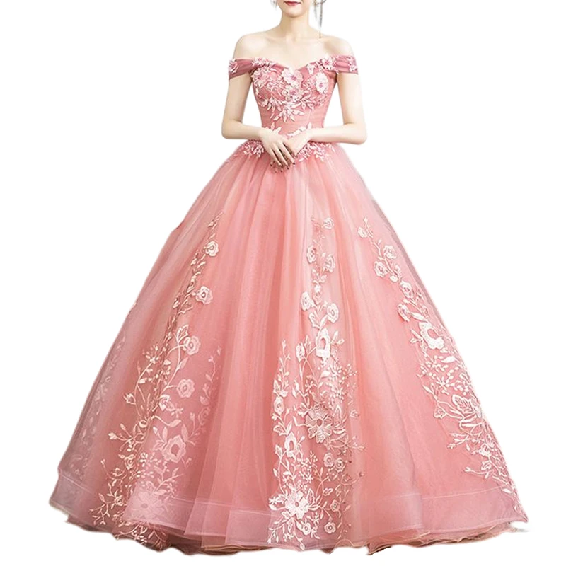 Prom Sweet 15 Dresses Ball Gowns Evening Quinceanera Dresses Elegant Embroidery Off Shoulder Party Lace Pink OEM Service Satin