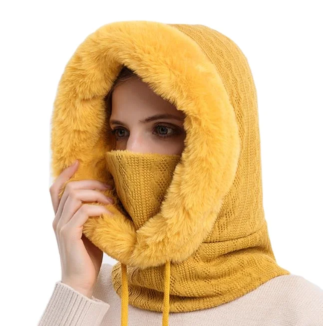2022 winter woman hooded hats custom chunky thermal fleece balaclava ski hat