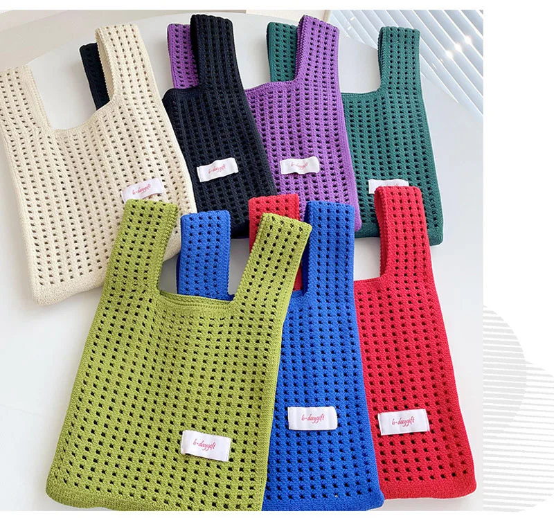 Fashion Plain Design Polyester Handbag Pouch Portable Open Knitting Hand Bags