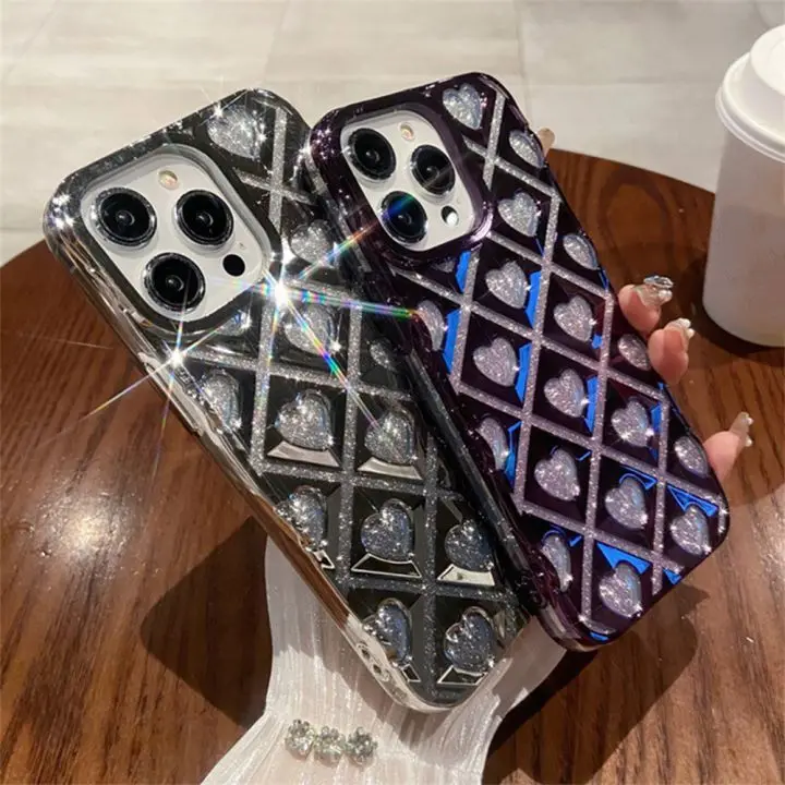 Deluxe Electroplate Rhombus Loving TPU Mobile Phone Case For iphone 15 14 pro max 13 12 11 Soft Protect Back Cover Shell