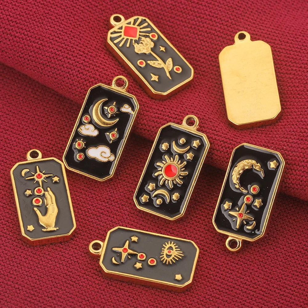 Rectangular Tarot Star Pendant Enamel 18K Gold Plated Moon Charm  DIY Lucky Necklace Stainless Steel Jewelry Factory