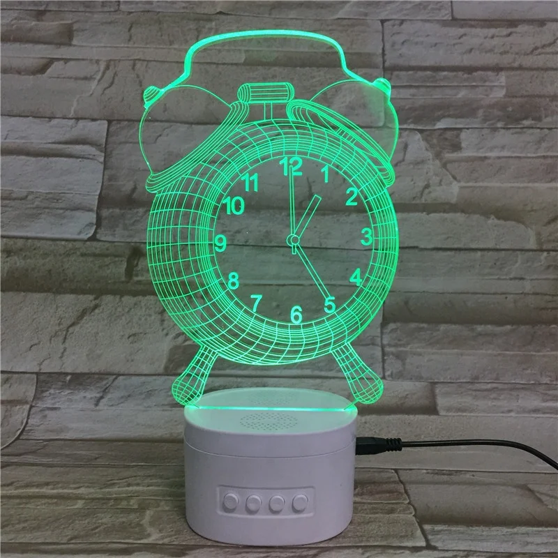 Alarm clock shape rechargeable battery wireless speaker acrylic material 3D illusion led night light 3D optical lamp