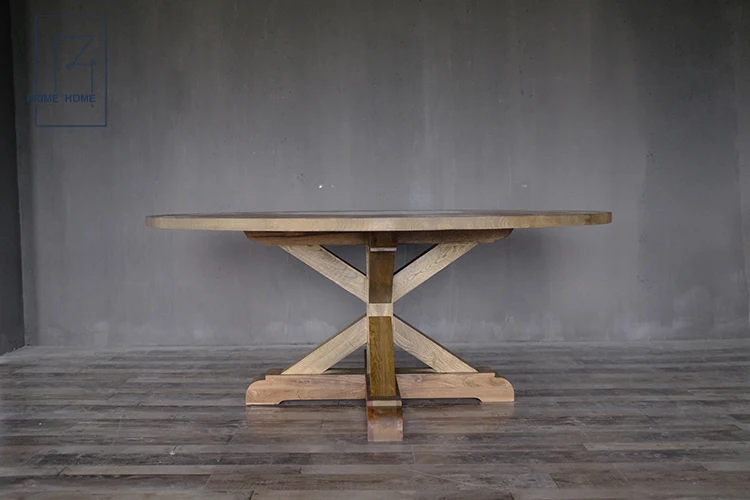 Vintage Rustic Reclaimed Round Pedestal Extendable Oak Wood Dining Table