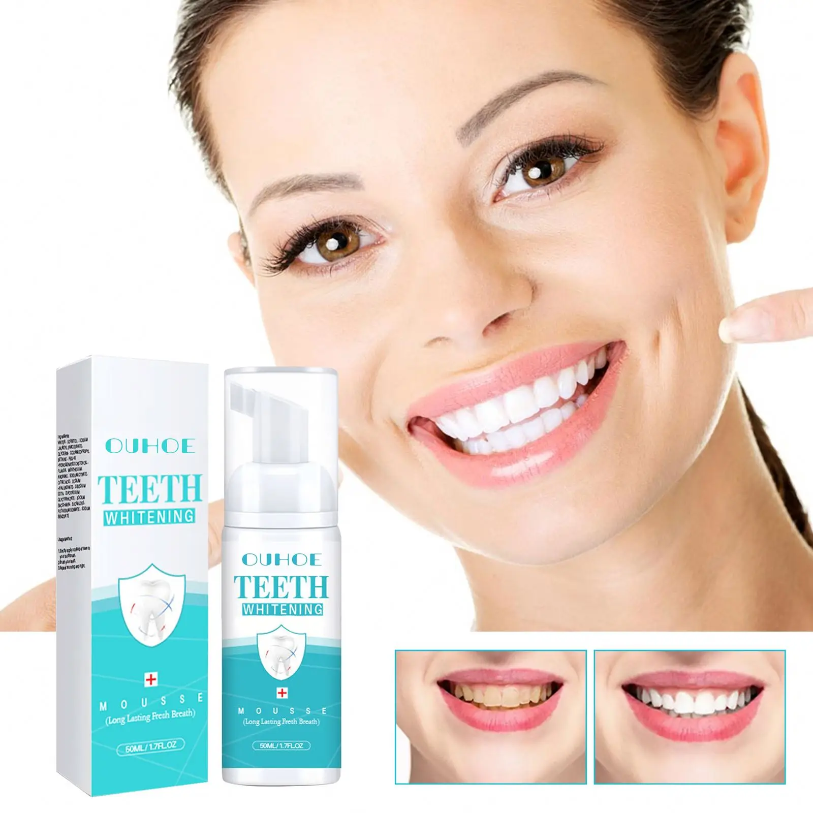 2022 Hot Sell 50Ml Ouhoe Natural Oral Hygiene Tooth Whitening Foam Bleaching Cleaning White Teeth Whitening Mousse