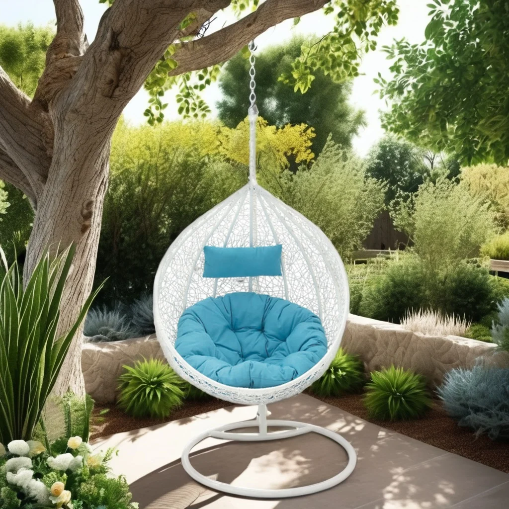 Outdoors Rattan Egg Chair, Blue and White
