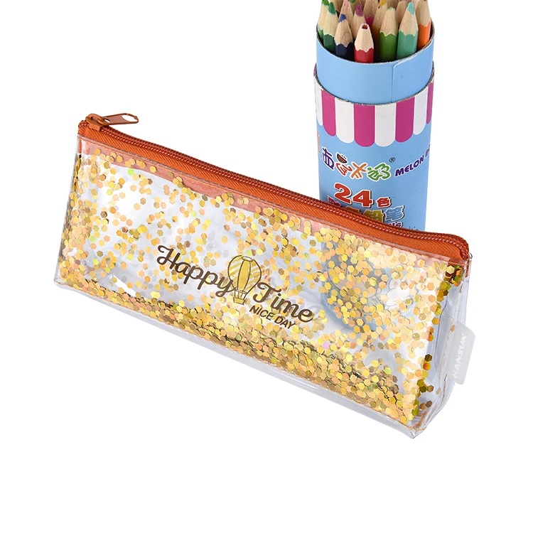 Promotional 4 color Glitter Plastic PVC Zipper Pen Bag Pencil Case Bag For Kid
