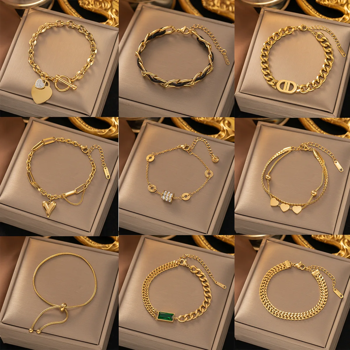 PVD Gold-Plated Stainless Steel Toggle Bracelet OT Clasp Engraved Heart Charm Pendant for Men and Women Gift Idea