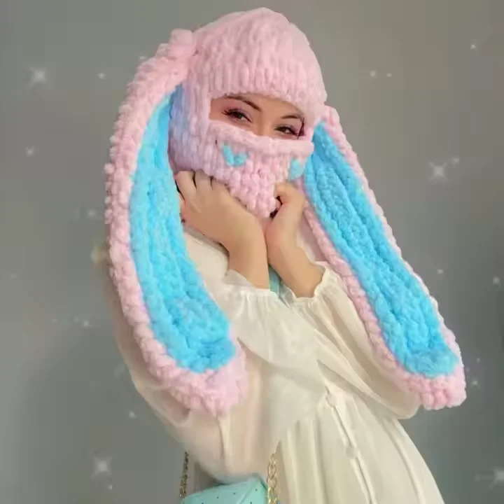RTS Fashion Winter Warm Balaclava Full Face Knit Ski Mask with Cute Bunny Ears Kawaii Crochet Face Cover Mask for Adults