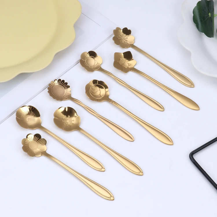 
Innovative Short Handle Flower Stainless Steel Golden Coffee Mixing Dessert TeaSpoon for Home Hotel and Restaurant 