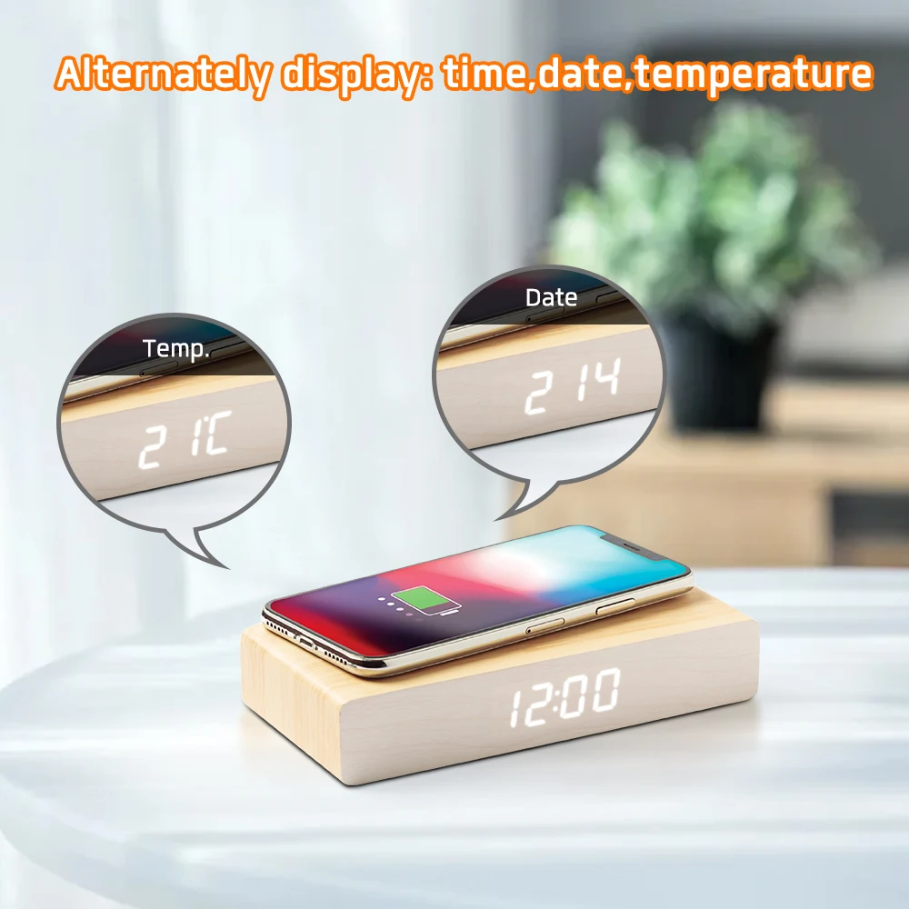 Wooden Wireless Wood Charging Alarm Led Qi Fast Charge Phone Charger Clock
