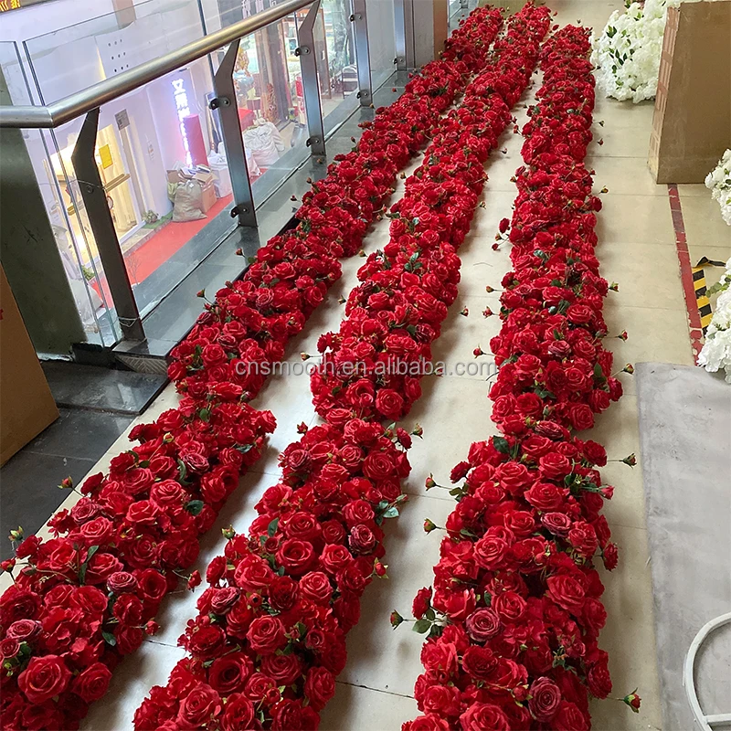 Hot Pink Artificial Flower Runner Wedding Supplies High Quality Rose Floral Panel Table Centerpiece Flower Runner