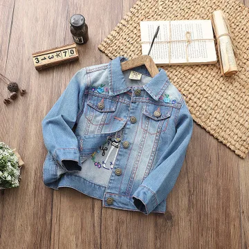 Детская одежда, новинка на весну, хлопковая джинсовая куртка с вышивкой сзади для девочек, детские джинсовые куртки для девочек