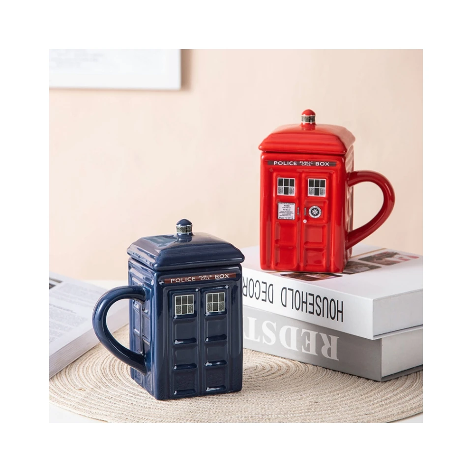 Creative Retro British Police Booth Ceramic Mug Telephone Booth Cup With Cover Novelty Coffee Cups