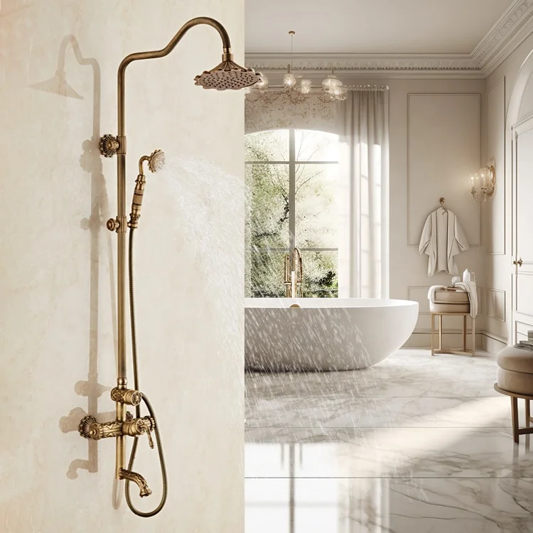 Luxury Antique Brass Shower Faucet Set European Style Exposed Shower Mixer