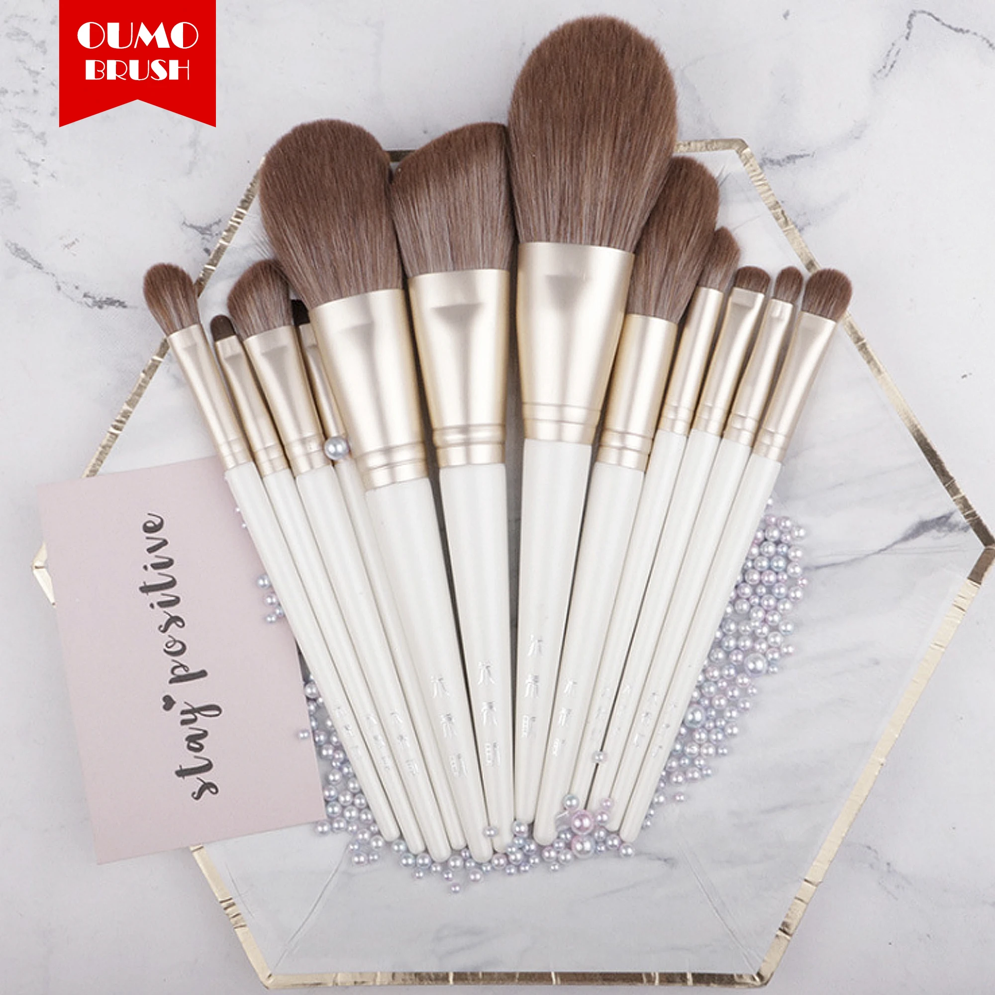 OUMO BRUSH-Fashion white handle golden aluminum/copper tube brown synthetic knot makeup brushes 12PCS makeup brush set