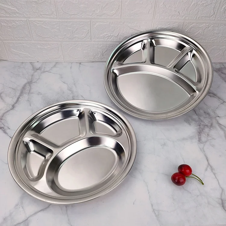 
Stainless Steel 4 Sections Round Divided Plate Dish Snack Dinner Tray Lunch 