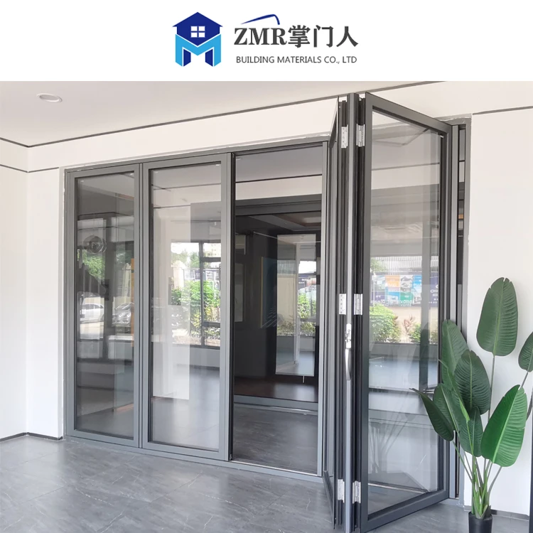 ZMR термальные разрывные двойные двери алюминиевые складные наружные патио стеклянные гармошкой с дизайном гриля