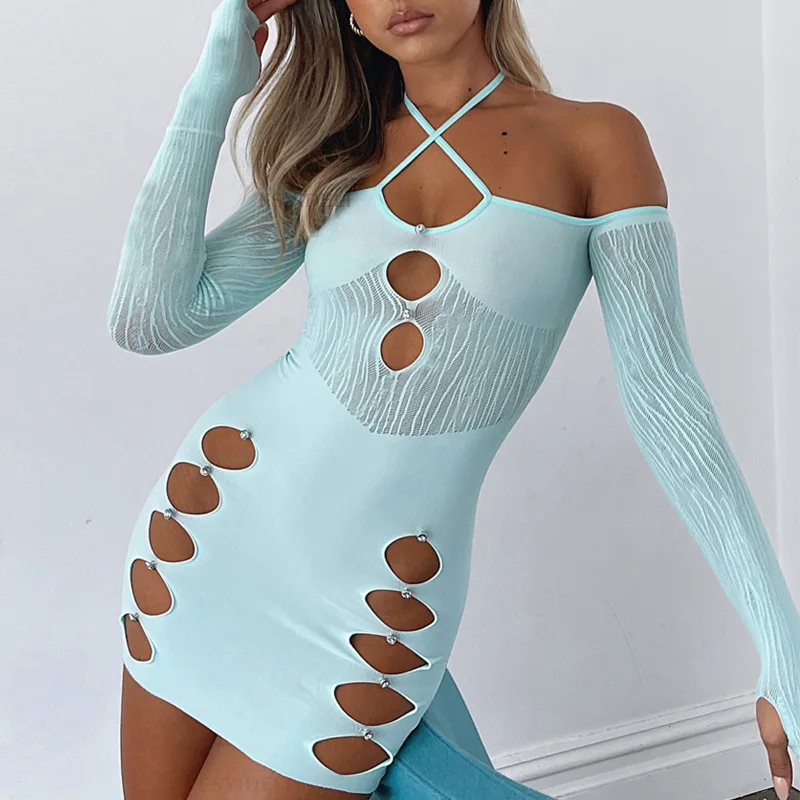 Trendy Midi Dress Halter Long Sleeve Slim See Through Hollow Out Bodycon Solid Color Evening Dresses Ladies
