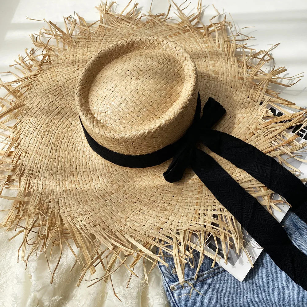Custom Wholesale Vintage Hand Braid Madagascar Raffia Straw Hats Summer Floppy Wide Large Sun Hat Wide Brim Beach Hats for Women
