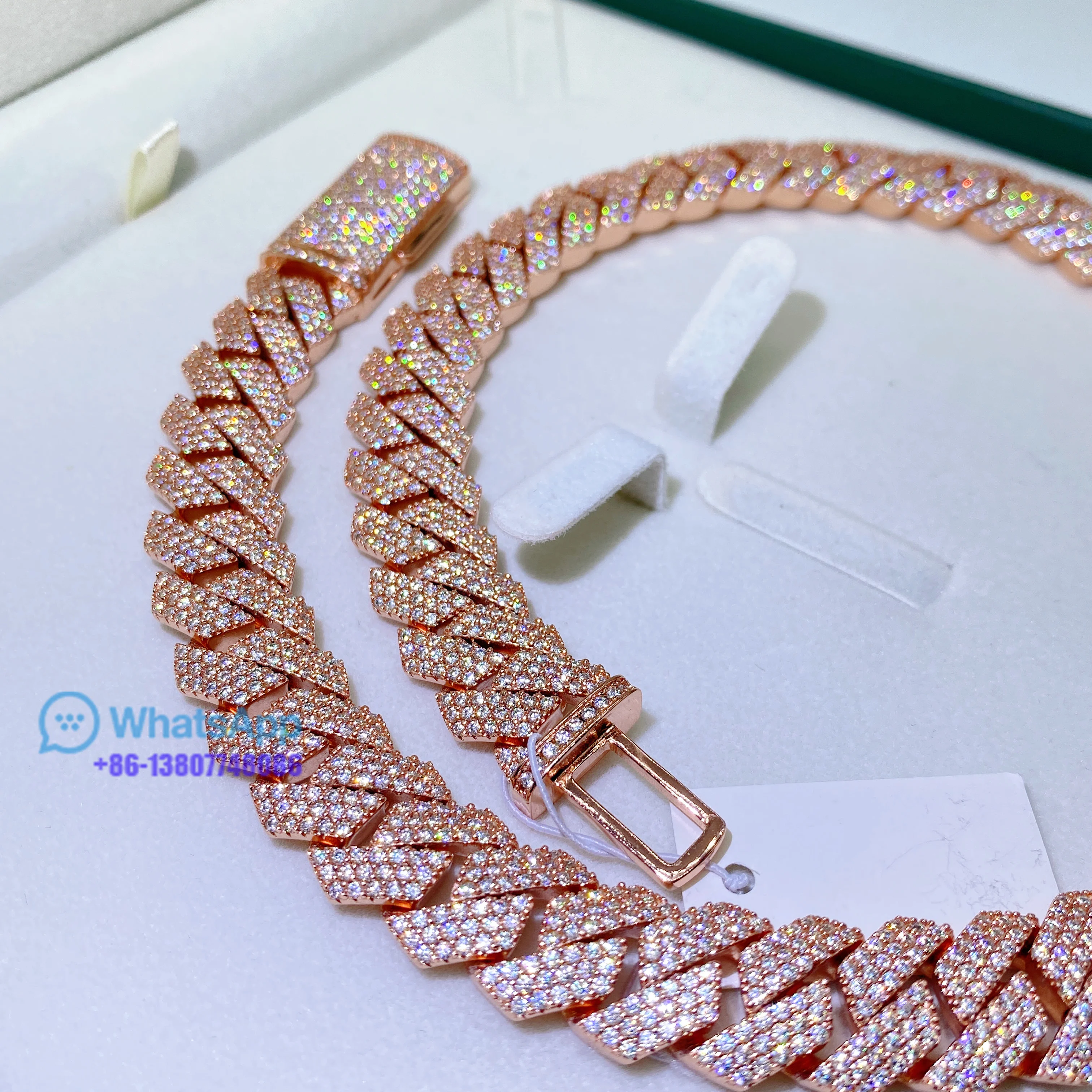 Hip Hop Jewelry ROSE Gold Plated Iced Out Cuban Link moissanite Prong Cuban Link Chain Necklace Diamond Cuban Chain