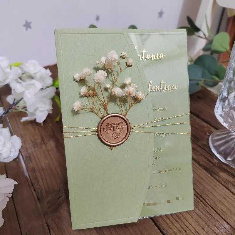 5*7Inches Gold Foil Acrylic Wedding Invitation Card with Sage Invitation Cover and Personalized Wax Seal Flower Decoration