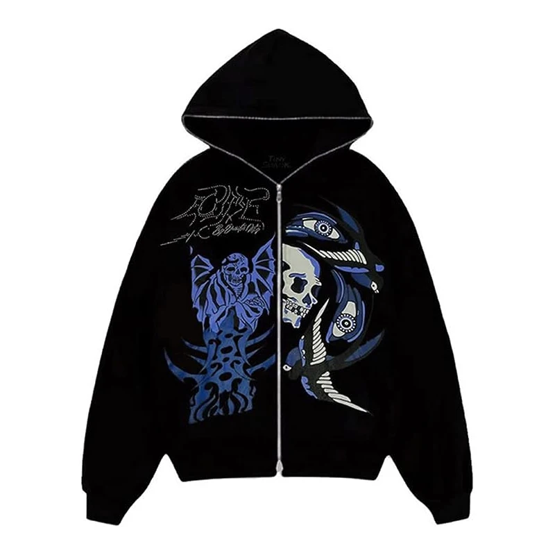 Custom High Quality Rhinestone Skull Purple Printed Streetwear Oversized Cotton Casual Zip Up Goth Jacket Hoodies For Men