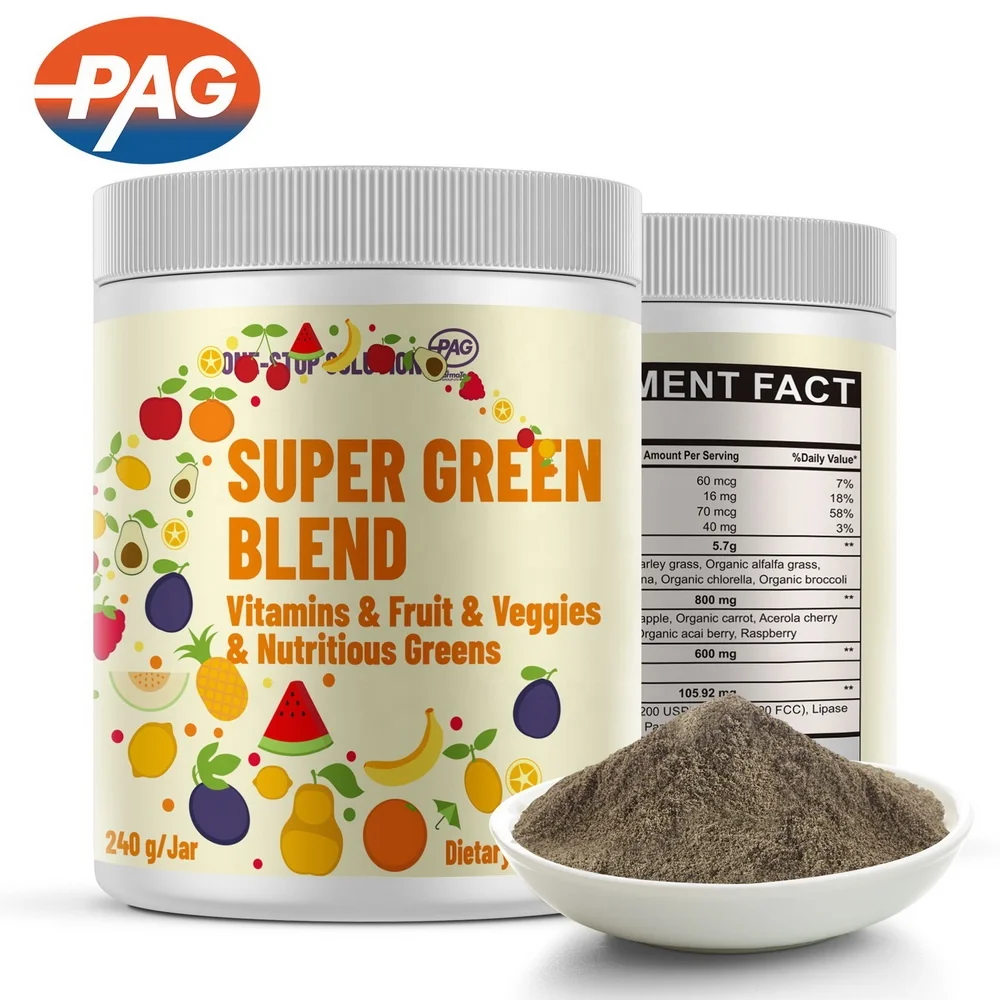 Private Label Vitamin C Probiotics & Digestive Enzymes Blend Organic Spirulina Chlorella Beet Root Green Superfood Powder