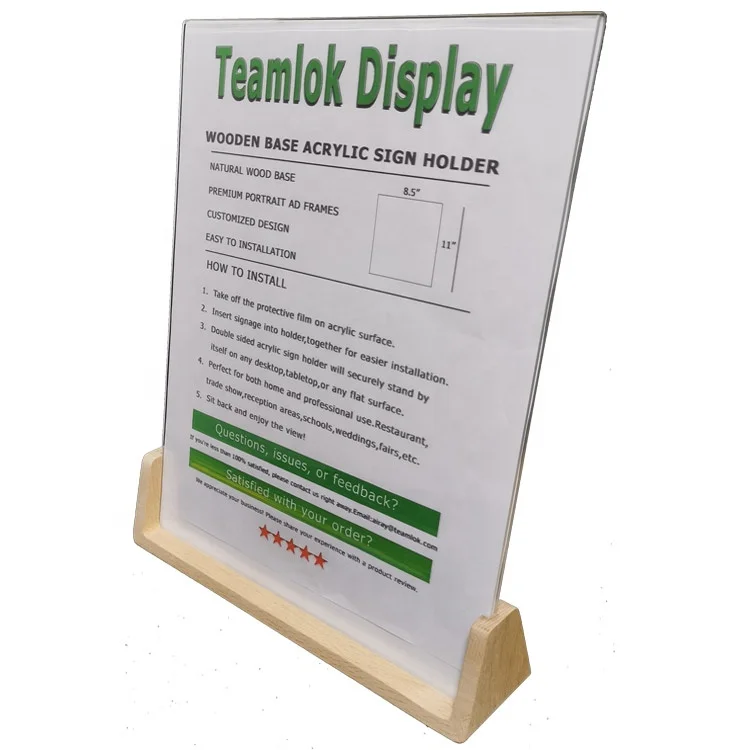 Acrylic Sign Holder 8.5x11with U-Shaped Base |Table Menu Sign Holder |Solid Wood with Crystal Clear Acrylic Holder