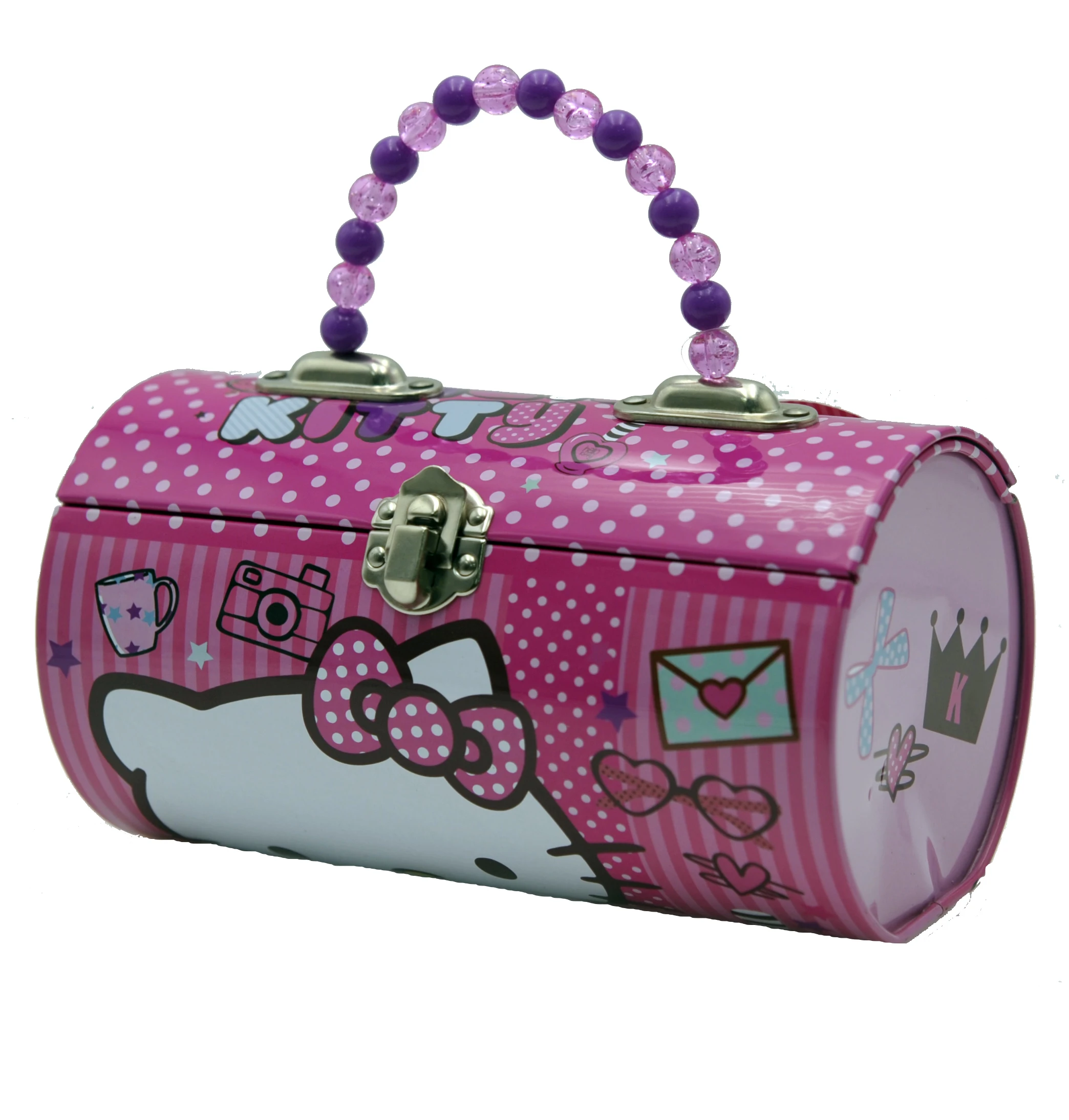 Stylish Cylinder Colorful Lunch Tin Box With Beads Handle gifts package