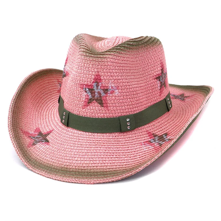 Pink Straw Hat New Sun Shade Beach Hat Promotional Wide Brim Cowboy Straw Hat