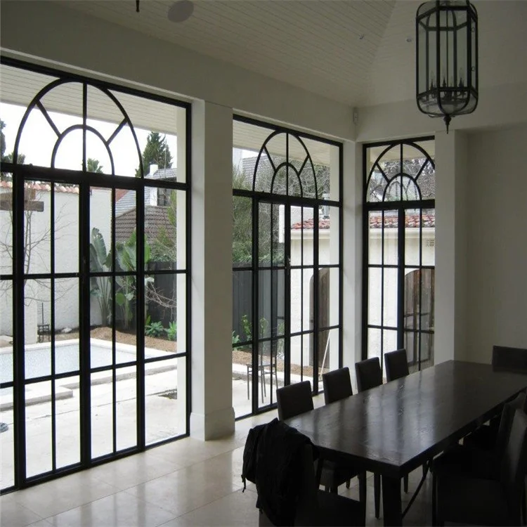 Arched Glass Double Door Metal Frame Tempered Glass Interior French Doors